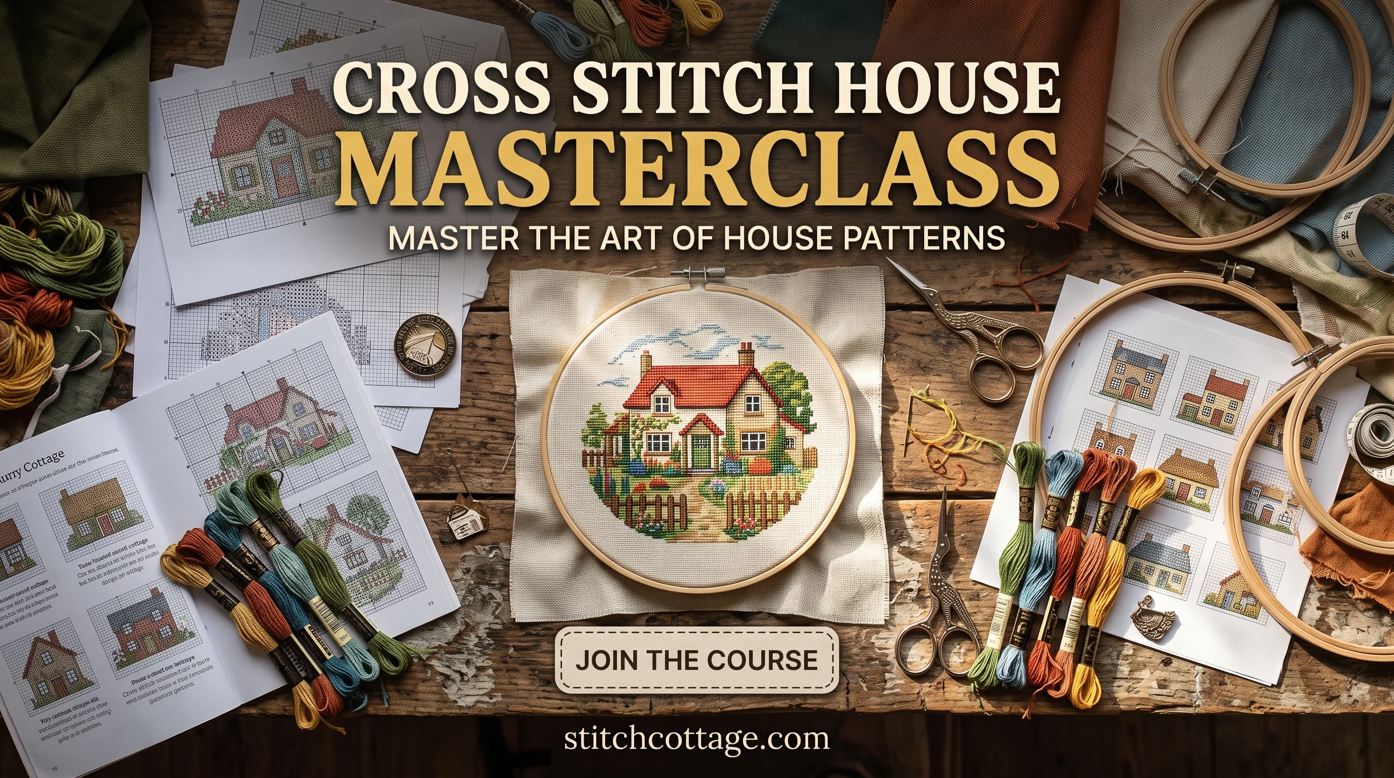 Cross stitch house chart booklet with a hoop and thread ready to check before stitching