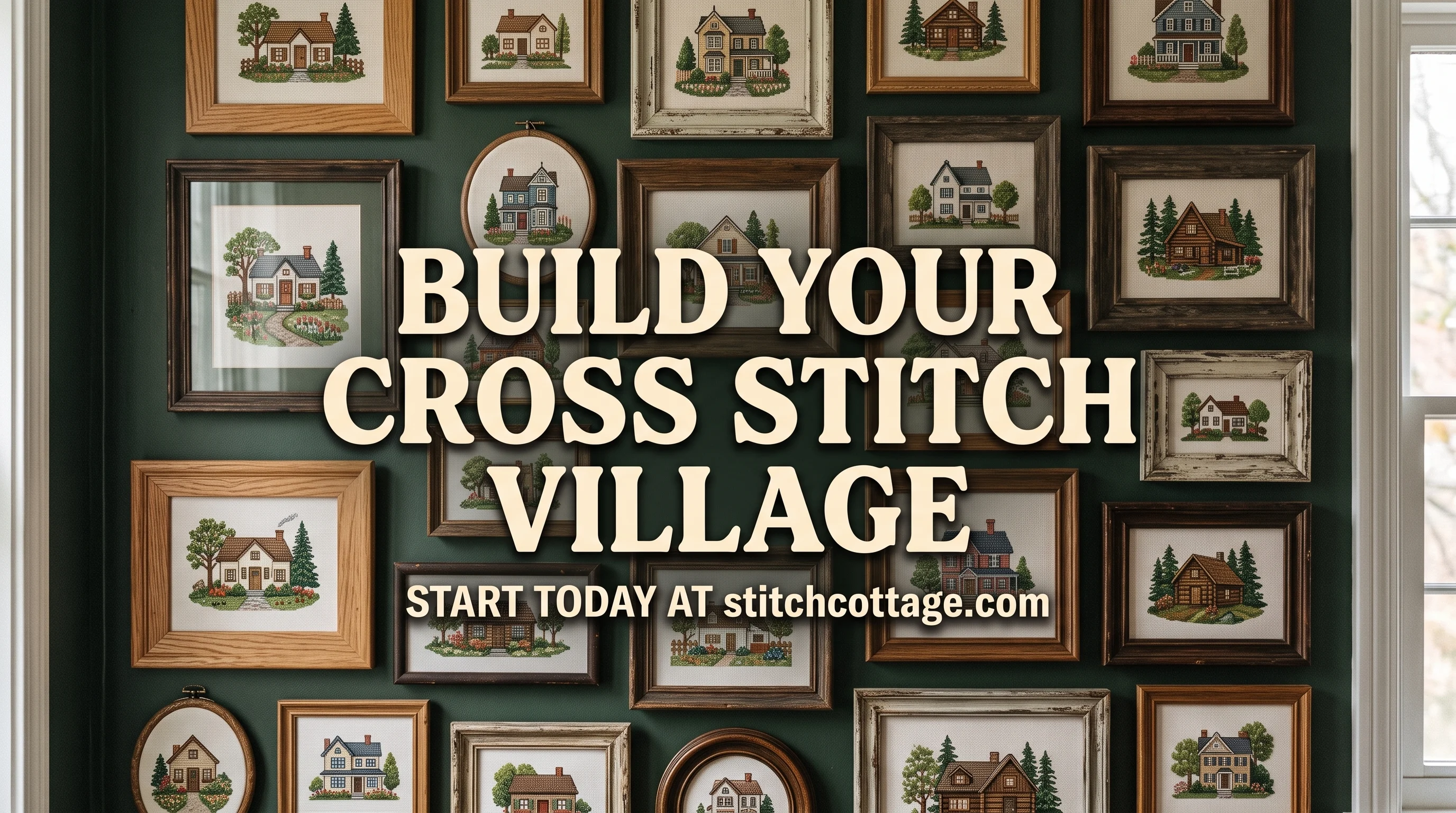 Wall of framed cross stitch houses arranged into a village display
