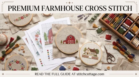 Flat lay of cross stitch house charts with a colour key legend, hoops and a thread box