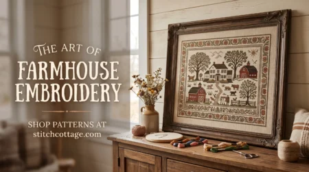 Large framed cross stitch farmhouse sampler with barn, trees and a floral border