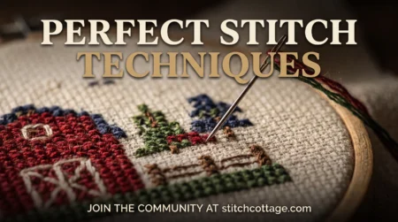 Close up of a needle stitching coloured thread into fabric for a cross stitch house