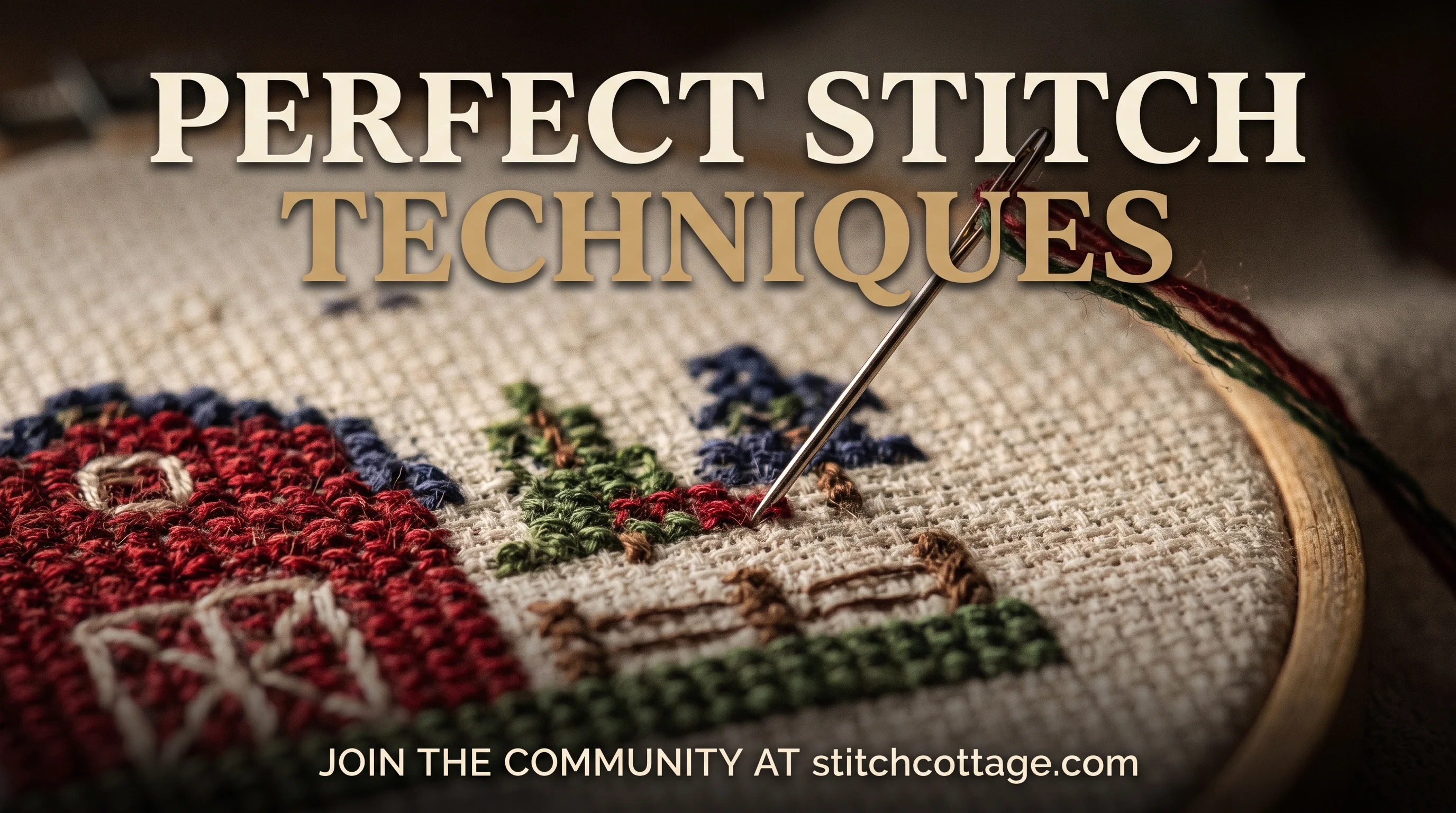 Close up of a needle stitching coloured thread into fabric for a cross stitch house