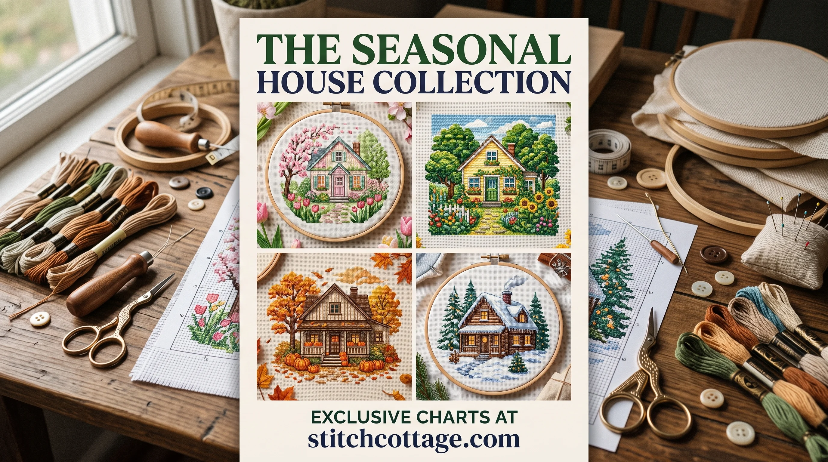 Four framed cross stitch houses for spring, summer, autumn and winter arranged together