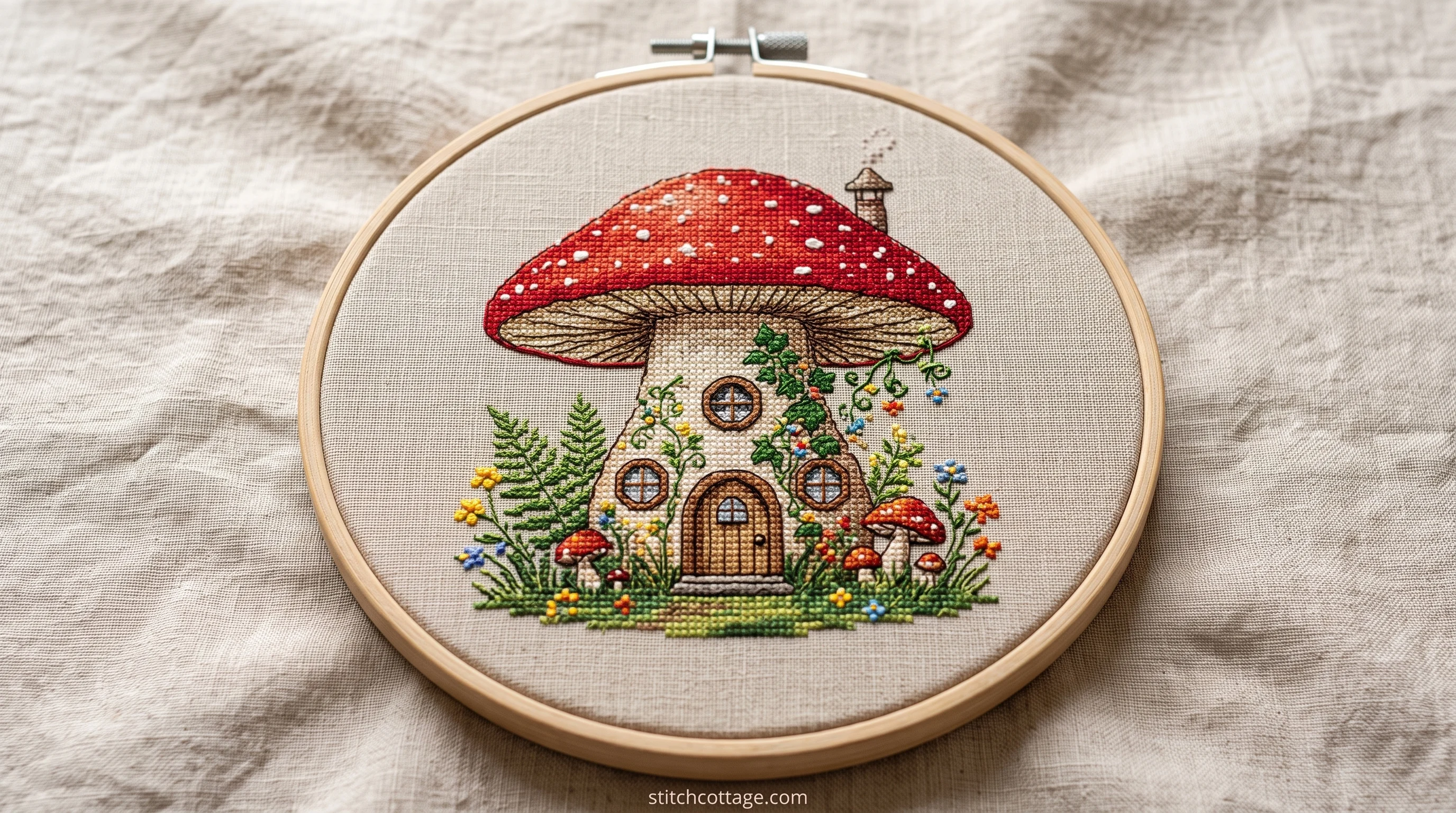 Completed mushroom house cross stitch hoop finished at about eight inches wide