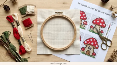 Aida fabric, embroidery hoop, two strands of floss and a needle laid out as the full mushroom cross stitch kit