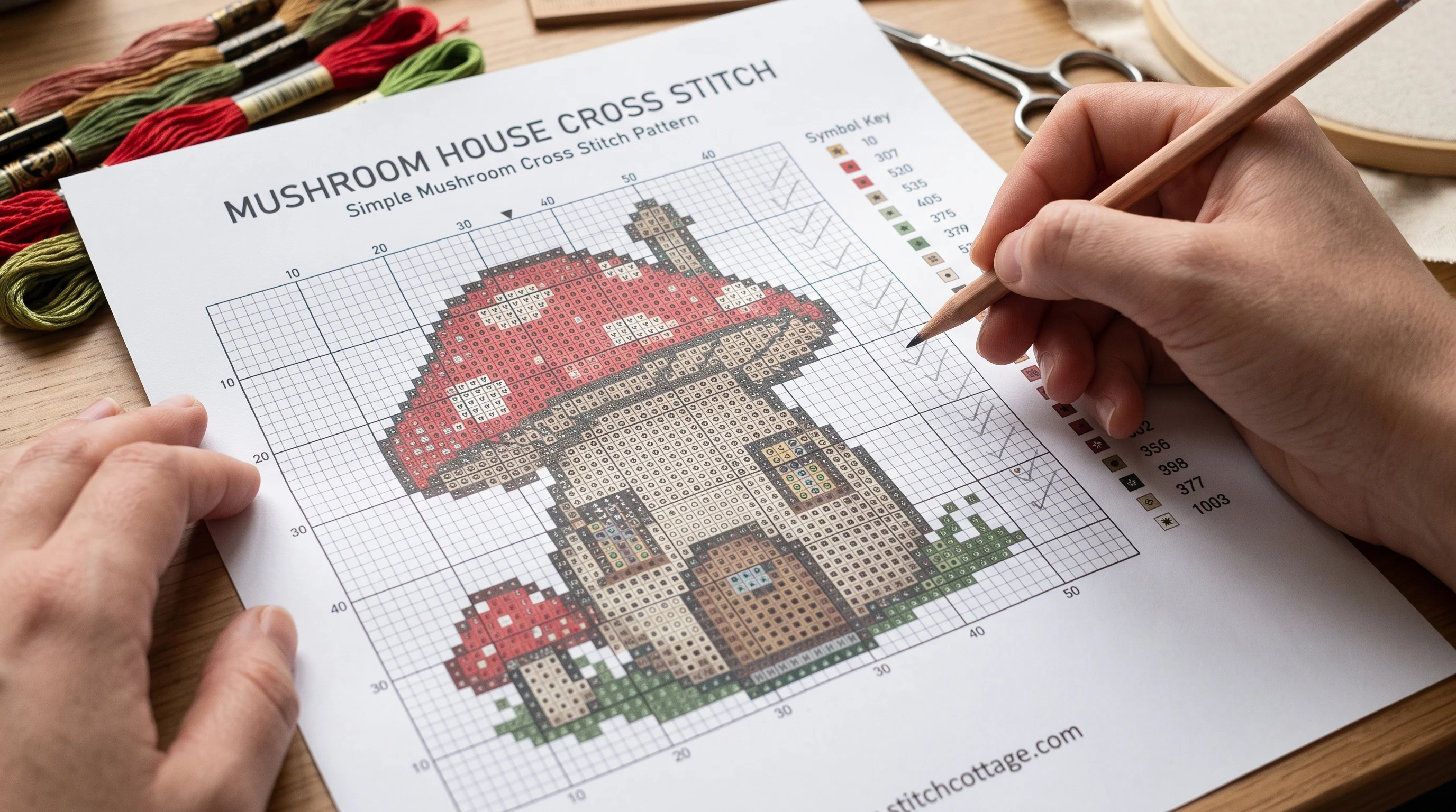 Checking a mushroom cross stitch chart's stitch count and symbol key before buying the fabric