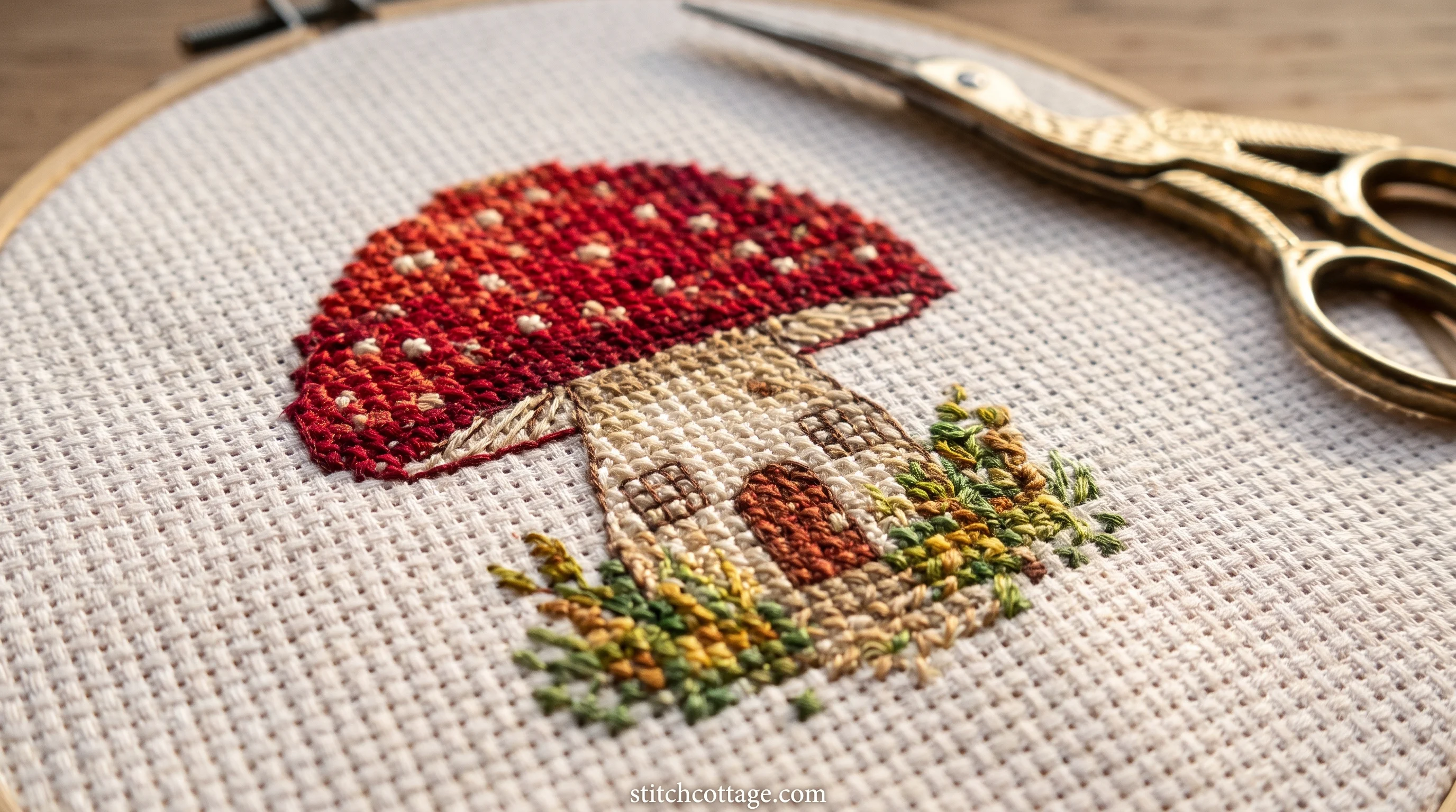 Easy three-colour mushroom cross stitch pattern stitched in full crosses with no outline