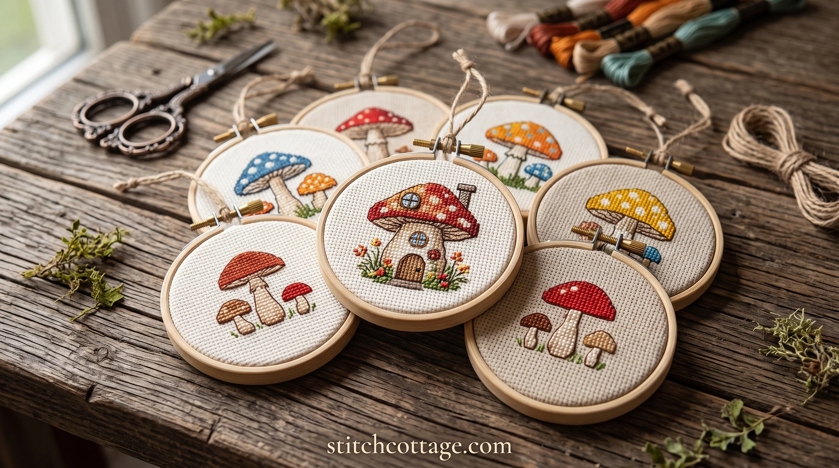 Three tiny mushroom cross stitch ornaments in different colourways on a sewing box lid