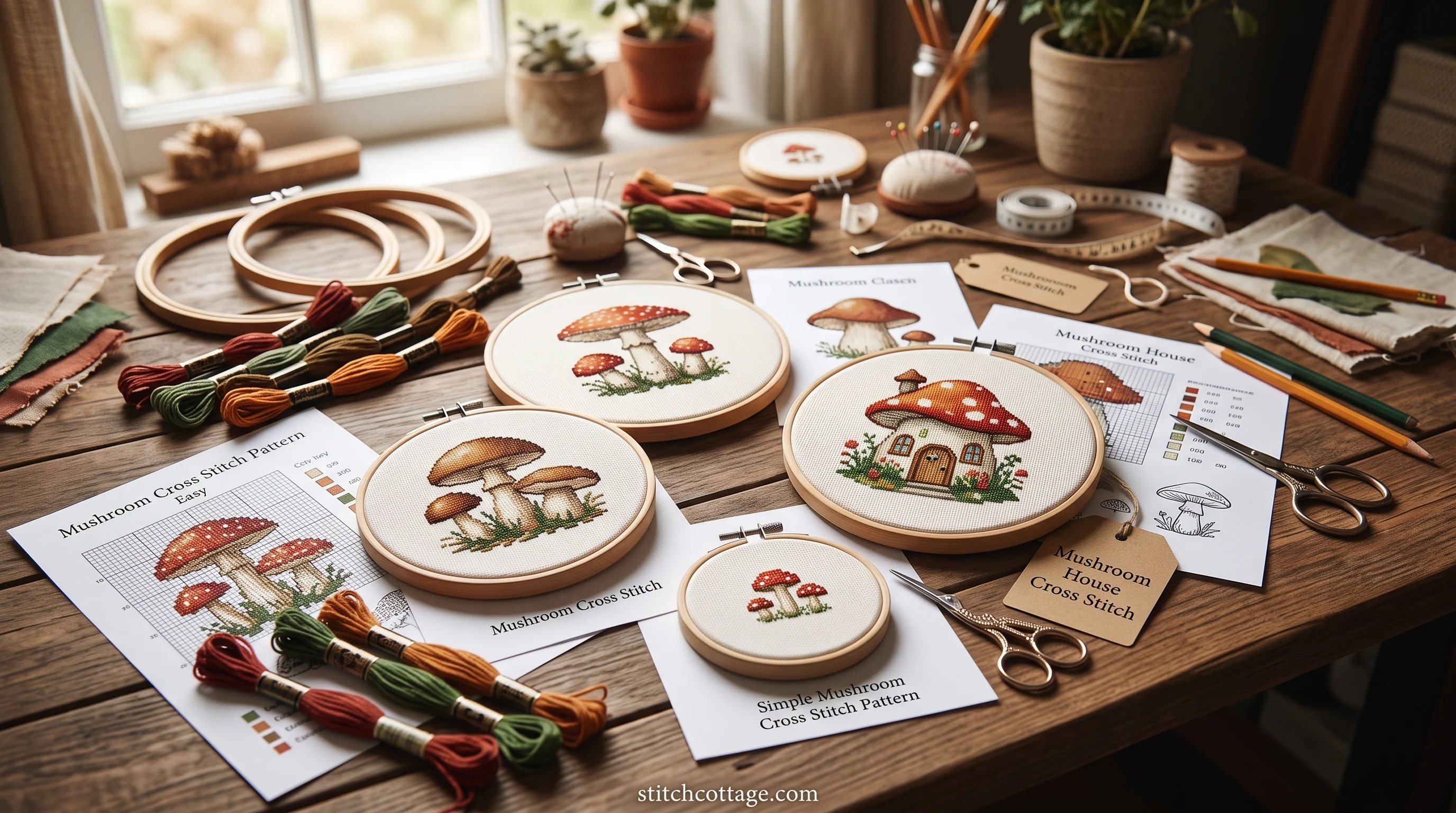 A beginner mushroom cross stitch chart with a clean symbol key and bold, simple colour blocks