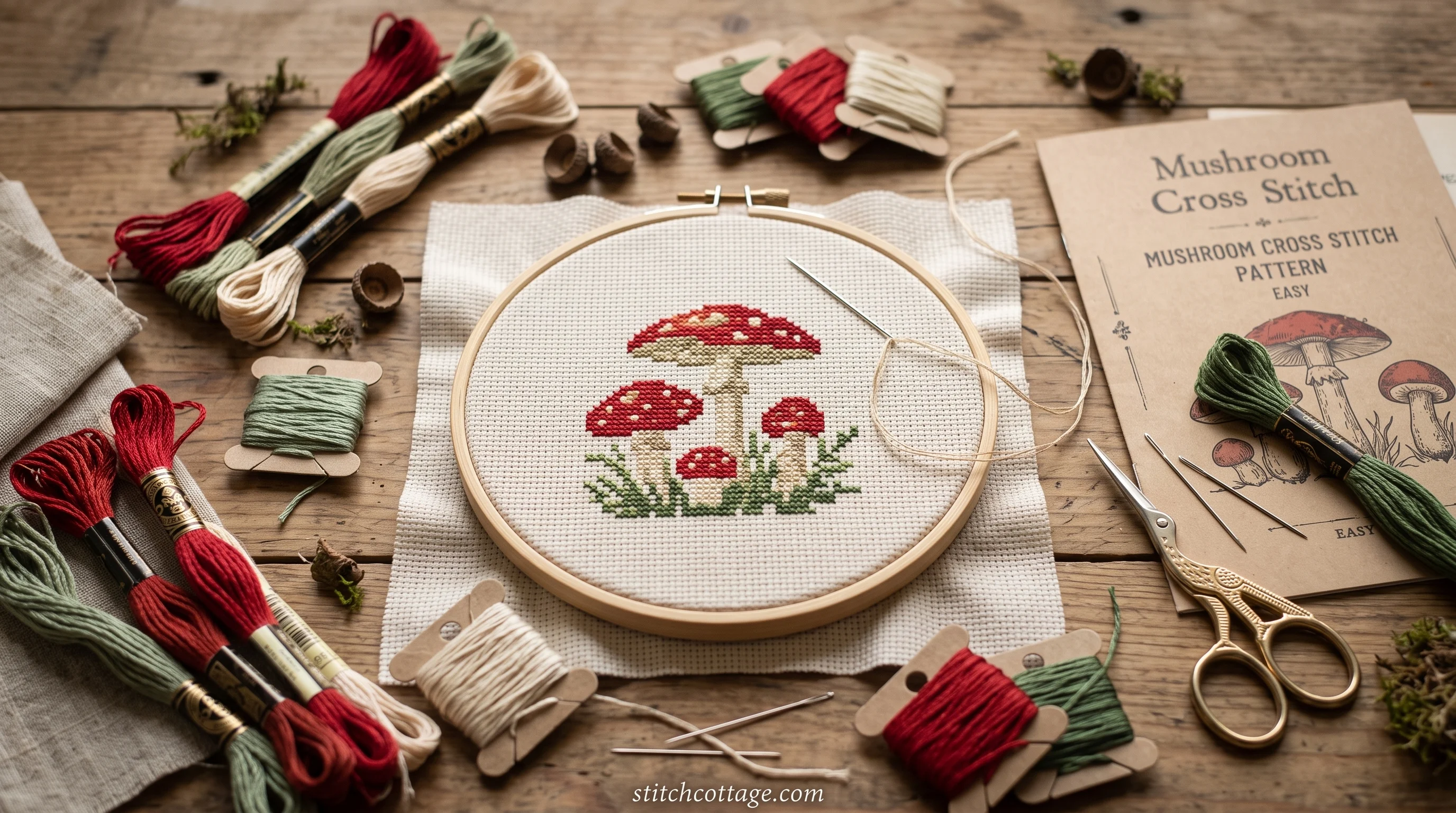 Floss colours for a mushroom cross stitch sorted by shade, cap, stem and gills ready to match the symbol key