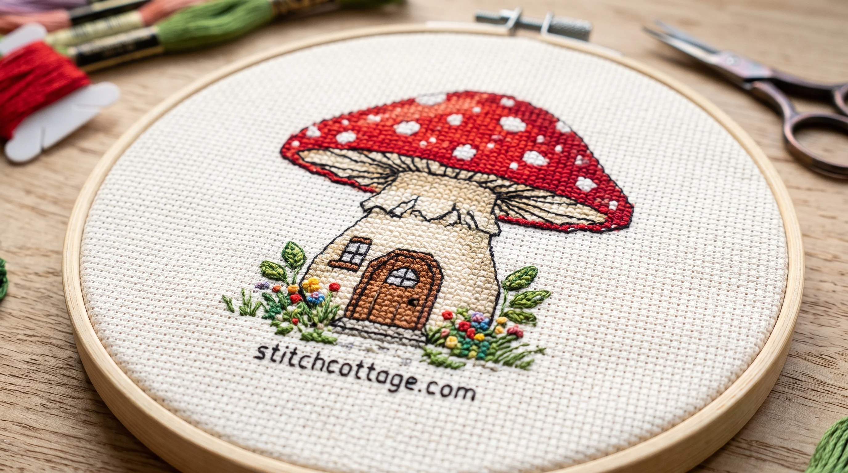 Mushroom house cross stitch with the cap overhanging the door like a roof
