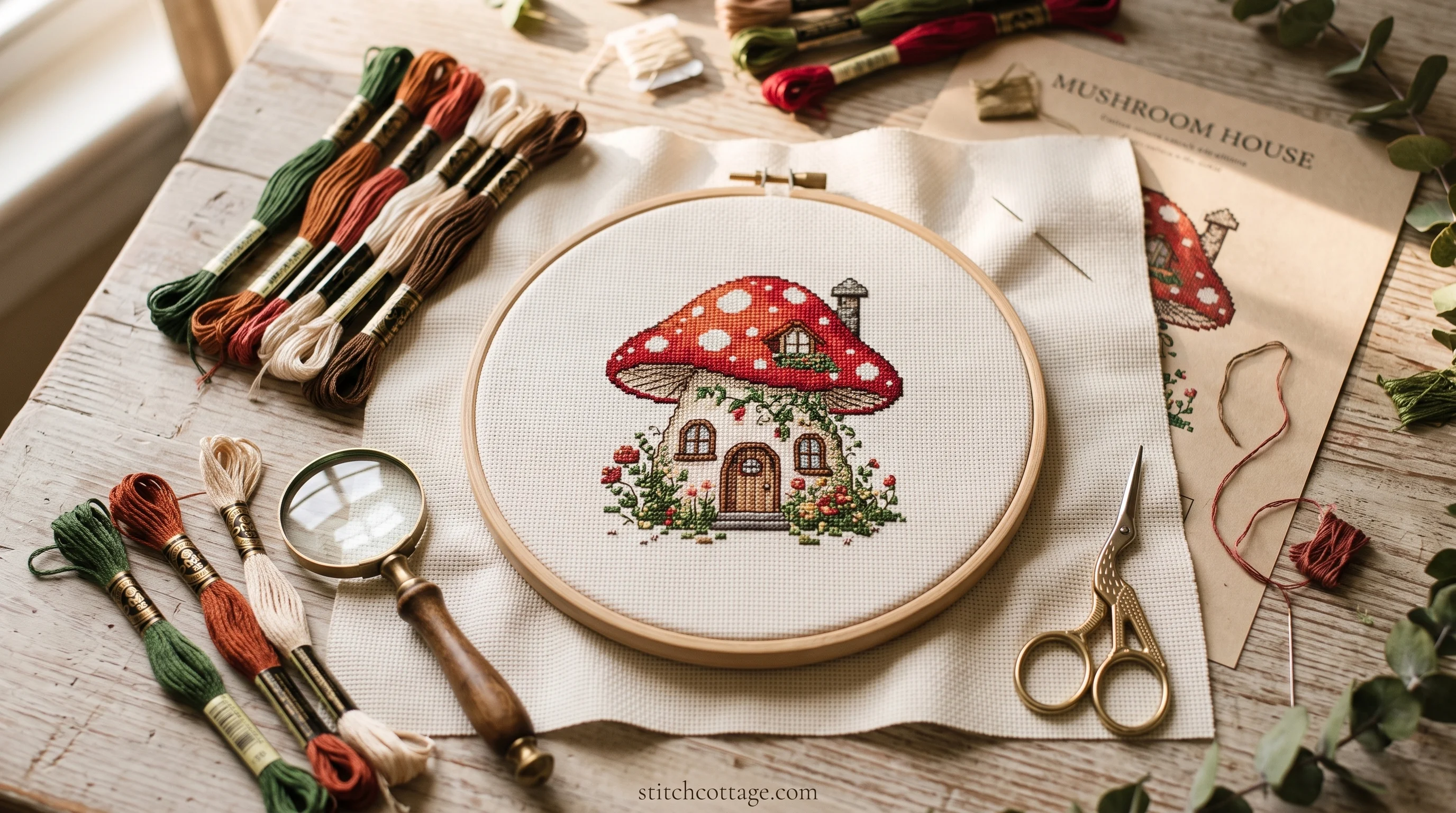 Mushroom house cross stitch chart laid flat showing the door and window backstitch outline
