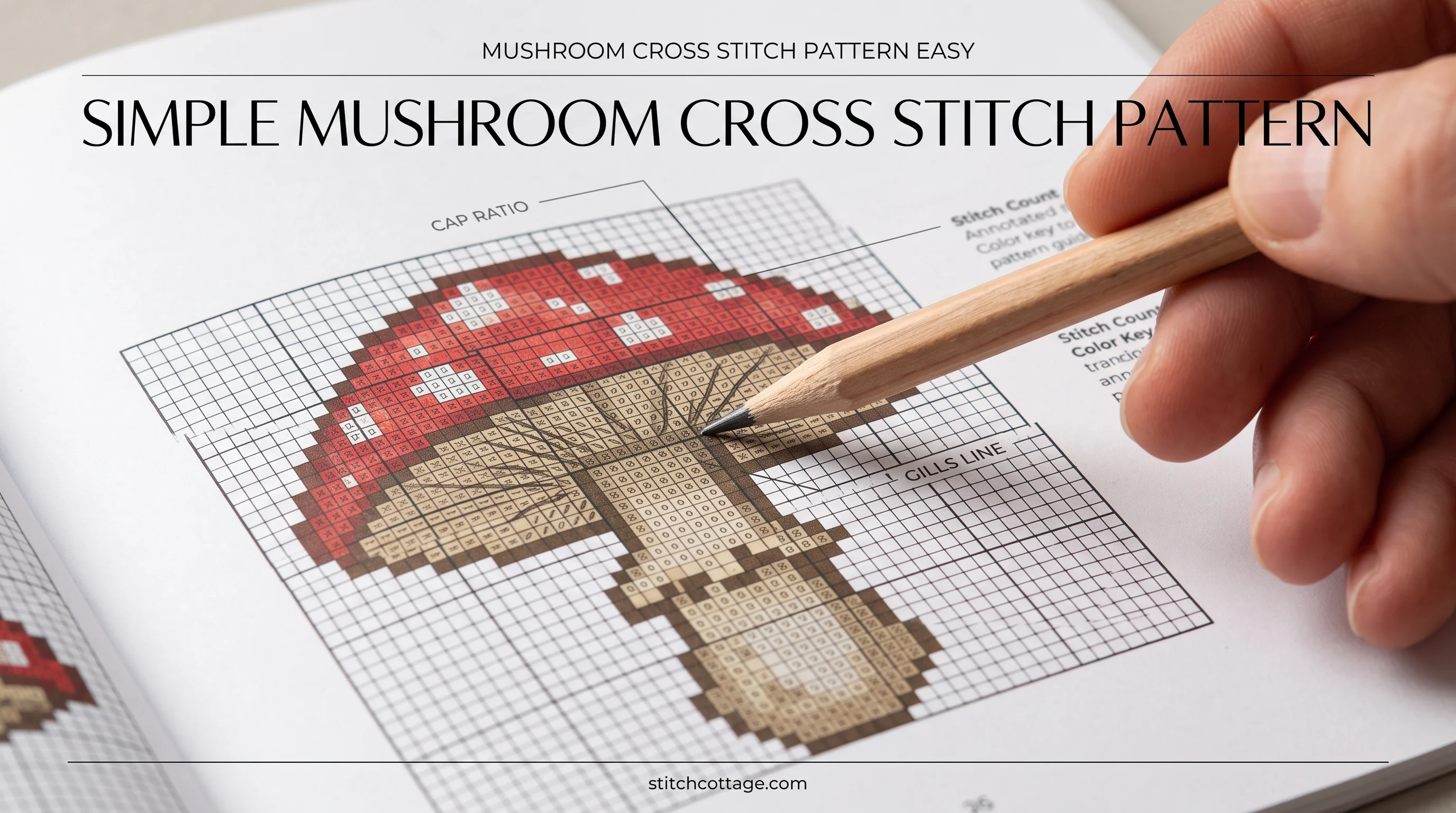 Pencil marking the centre of a mushroom cross stitch chart before the first row is counted