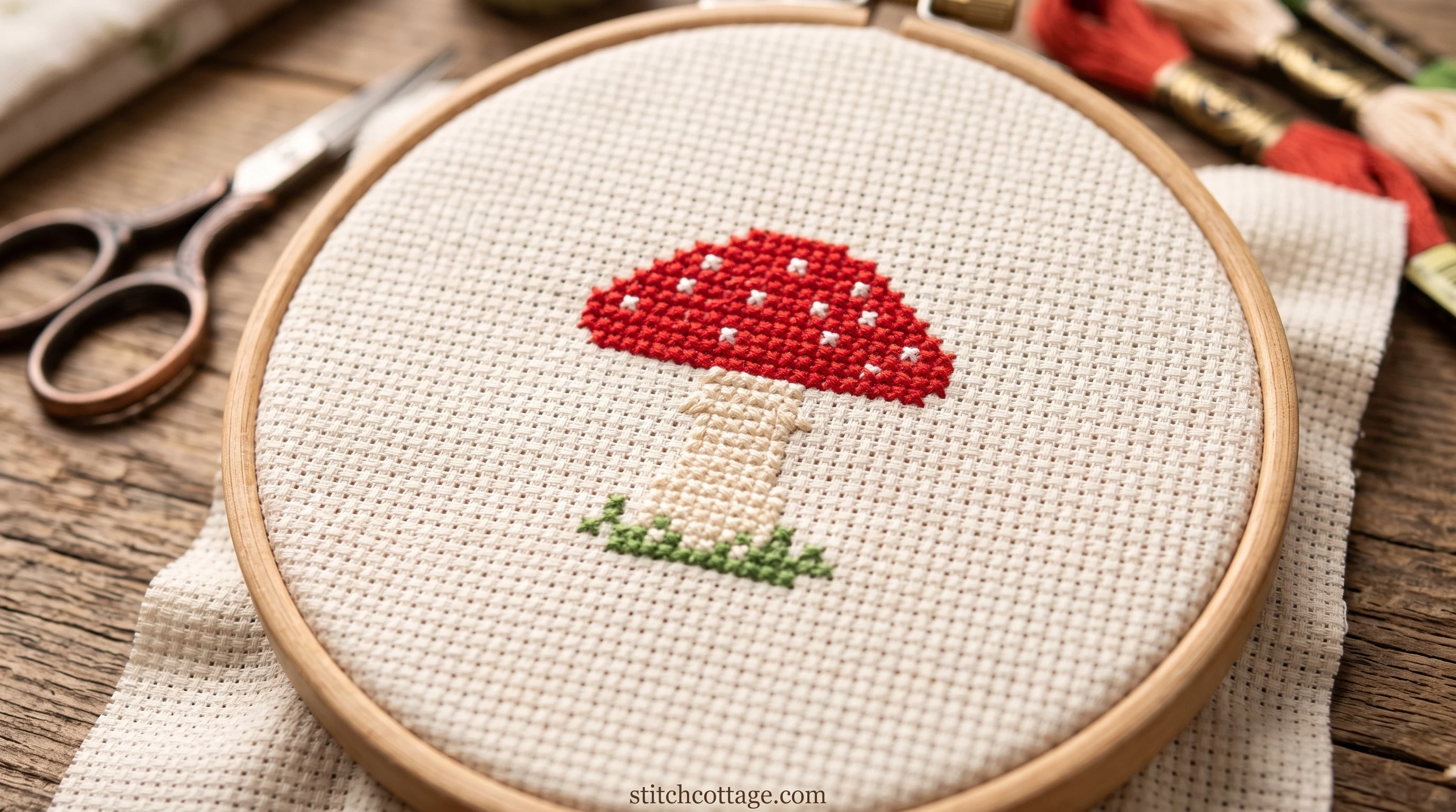 Finished red-cap toadstool cross stitch with cream stem, white spots and a slip of green