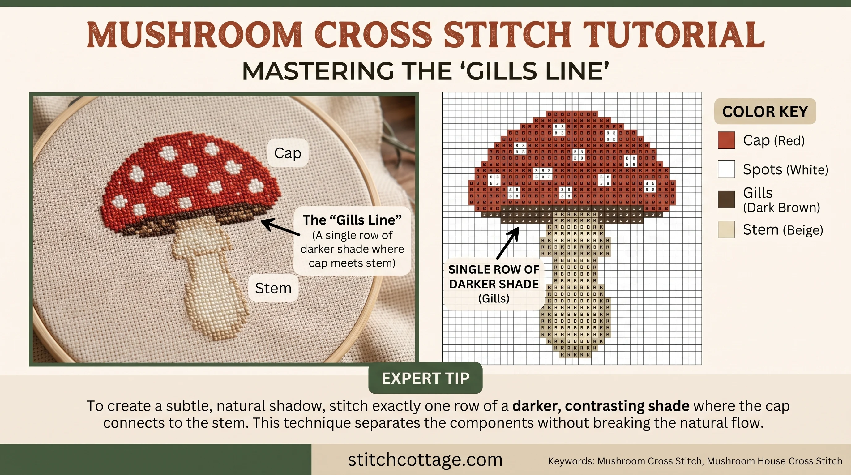 Stitching the darker gills row first where a mushroom cap meets the stem on 14 ct aida