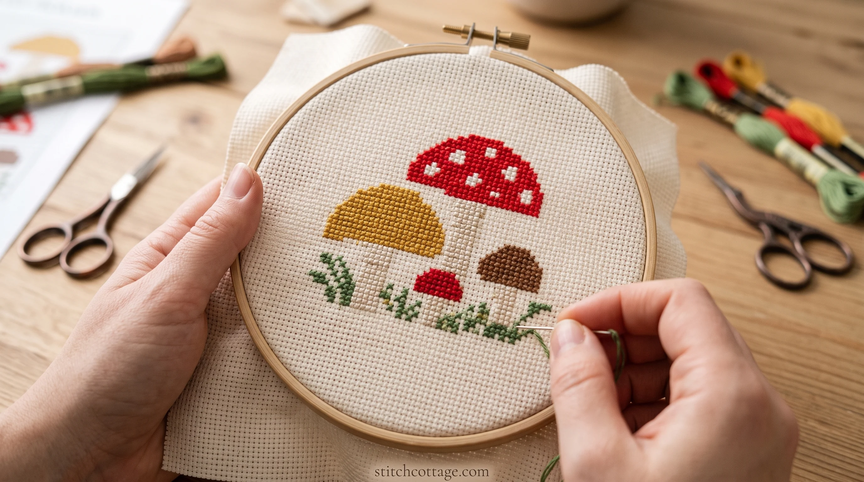 Stitching the red-cap toadstool mushroom cross stitch pattern in a hand hoop