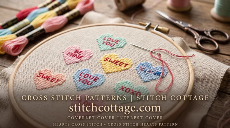 Pastel conversation heart cross stitch pieces with stitched words